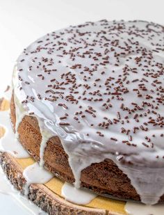 chocolate ricotta cake with white icing and sprinkles on a plate