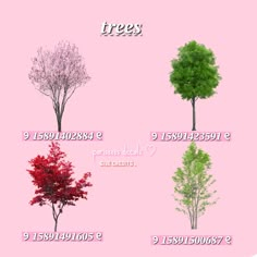 four different types of trees on a pink background with the words frees below them