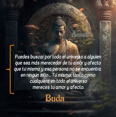 the buddha statue is in front of an image with words above it that say buddha