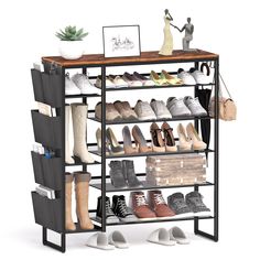 a shoe rack with several pairs of shoes on it