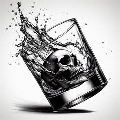 a skull in a glass with water splashing on it's face and head