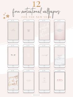 the twelve iphone wallpapers for new year's eve are shown in pink and gold