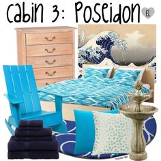 the bedroom is decorated in blue and white with an ocean themed bed, chair, dresser,