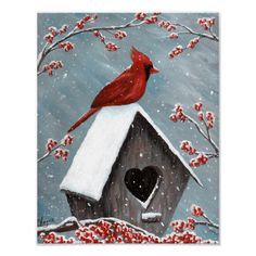 a painting of a cardinal sitting on top of a birdhouse in the snow poster