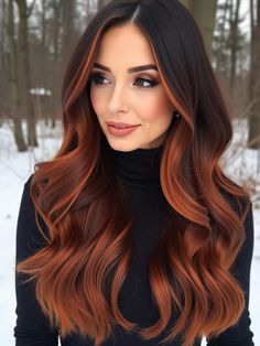 Winter hairstyles for long hair get a fiery upgrade with these stunning copper waves. The soft curls add warmth perfect for a cold season look, making it easy to pair with cozy sweaters or hats. Whether you’re planning a casual day out or a romantic occasion, these waves bring the perfect touch of elegance and bold color to stand out against the winter white. Trendy Hair Colour 2024, Winter Copper Hair Color, Fall Copper Hair Color, Copper Hair Extensions, Copper Hair Long, Winter Red Hair, Hair Color For Winter, Winter Hair Ideas, Winter Hairstyles For Long Hair