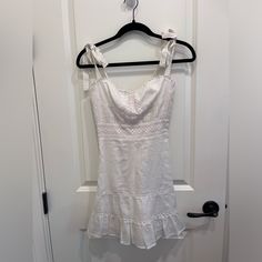 Brand: Reformation White/ Ivory Dress With Lace Details Size: Small Condition: Never Worn White Fitted Feminine Sundress, White Fitted Sundress For Brunch, Fitted Feminine White Sundress, Off White Fitted Dress For Vacation, White Lined Mini Dress For Brunch, Ivory Dress, Red Bandana, Reformation Dress, Mini Tank Dress