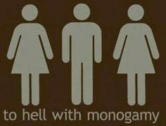 three people standing in front of a brown background with the words to hell with monogammy