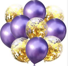 purple and gold balloons with confetti on them