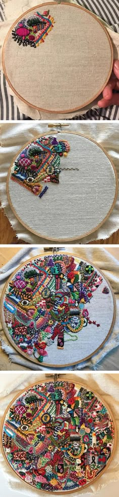 three different pictures showing how to make a cross stitch art piece