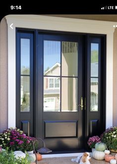 two pumpkins sitting on the ground in front of a black door with sidelights