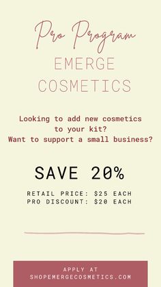 Are you professional makeup artist, esthetician, hair stylist, cosmetologist, or lash technician? Are you looking to add new cosmetics to your kit and want to support a small business? Sign up for the EMERGE Cosmetics Pro Discount and save 20% on every order! Support A Small Business, Lash Technician, Small Business Signs, Beauty Professional