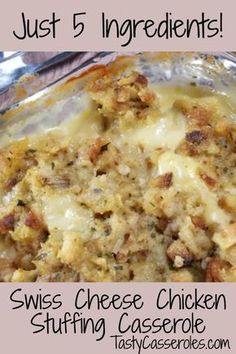 a casserole dish with cheese and meat in it on a pink background text reads just 5 ingredients swiss cheese chicken stuffing casserole