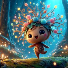 a cartoon character is standing in the middle of a forest with lights on her head