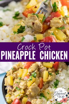 crock pot pineapple chicken with rice in a black bowl on a blue table