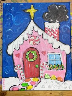 a painting of a pink house with a star on top and candy in the front