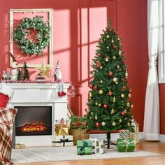 a living room filled with christmas decorations and a fire place covered in presents next to a decorated christmas tree