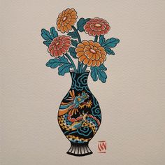 a vase filled with colorful flowers on top of a white wall next to a red and blue dragon