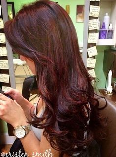 HOW-TO: Give Dark Hair Dimension With Red Violet Tones Long Wine Red Hair, Dark Hair Dimension, Hair Bangs Long, Long Hair Dark, Hair Dimension, Cherry Coke Hair, 2015 Hair, 2015 Hairstyles, Red Violet