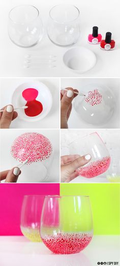 the process to decorate wine glasses with sprinkles