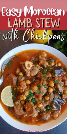 moroccan lamb stew with chickpeas recipe in a white bowl, garnished with cilantro and parsley