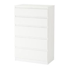 a white dresser with five drawers on the bottom and one drawer in the middle, against a white background