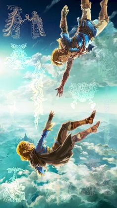 two people flying through the air with their feet in the air and clouds behind them