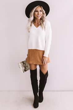 Boutique Poses, Chic Capsule Wardrobe, Happy Expression, Faux Suede Skirt, Loose Sleeves, Posing Guide, Chenille Sweater, Rounded Neckline, White Sweater