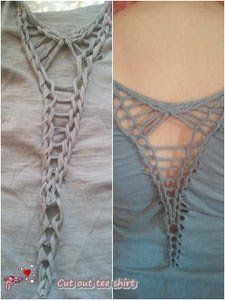 three pictures of different types of crocheted laces on the back of a woman's dress