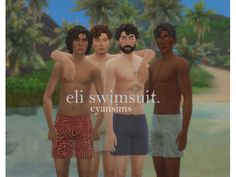 three young men standing next to each other in front of palm trees and the words el swimsuit cyanims