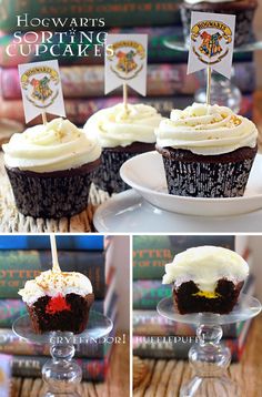 cupcakes with white frosting on top and harry potter flags