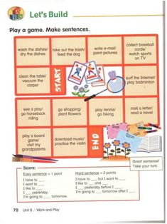 a poster with words and pictures on it that says let's build play a game, make sentences