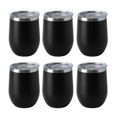 six black stemless wine glasses with silver rims on each one and the other side