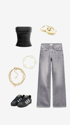 a woman's outfit and accessories including shoes, necklaces, bracelets and rings