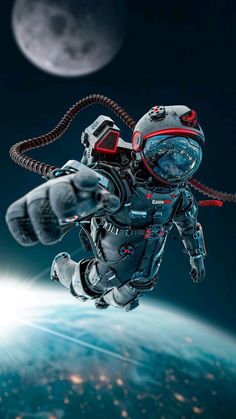 an astronaut floating in the air with his arms stretched out and legs bent back,