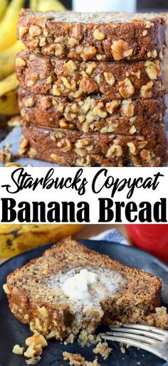 starbucks copypaat banana bread on a plate with a fork and bananas in the background