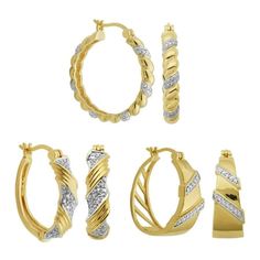 These chic Forever Facets earrings create an instant statement and make a beautiful addition to any jewelry wardrobe. Each pair of hoop earrings are plated in 18k yellow gold to enhance the design and appearance. Shipped in a jewelry presentation box, ready for gift-giving, the set makes a perfect present for birthdays, holidays, Mothers Day, Valentines Day, or for any special occasions. Size: one size.  Gender: female.  Age Group: adult. Hoop Earring Sets, Womens Watches, Earring Set, Women's Earrings, Jewelry Watches, Hoop Earrings, Yellow Gold, Women Jewelry, Gold