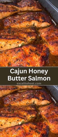 two images showing how to cook cajun honey butter salmon