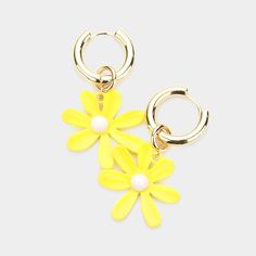 Earring Details: Size : 0.9" X 1.7" Huggie Back Flower Dangle Earrings, Flower Bag, Free Bracelet, Leather Watch Bands, Bangle Set, Yellow Flower, Gold Hoops, Gold Texture, Ivory White