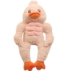 a stuffed animal that looks like a chicken with muscles on it's chest and legs