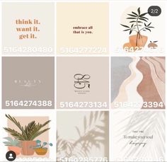 some type of business cards with plants and words on them, all in different colors