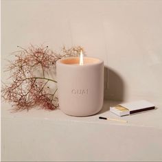 a white candle sitting on top of a table next to a book and some dried plants