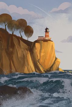 a painting of a lighthouse on top of a cliff