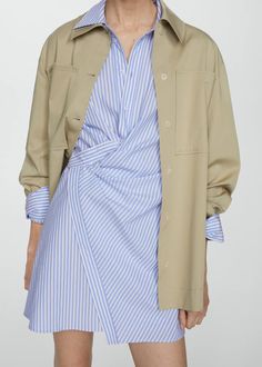 Striped wrap shirt dress - Women | Mango USA Chic Long Sleeve Cotton Shirt Dress, Spring Shirt Dress With Lapel Collar For Daywear, Chic Shirt Dress With Roll-up Sleeves And Spread Collar, Cotton Shirt Dress With Roll-up Sleeves And Spread Collar, Spring Workwear Shirt Dress With Collared Neckline, Spring Office Shirt Dress With Lapel Collar, Cotton Shirt Dress With Button Cuffs For Work, Spring Office Wear Button-up Shirt Dress, Chic Collared Shirt Dress For Office