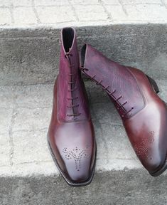 Handmade Men Burgundy Classic Ankle High Lace Up Boots on Storenvy Burgundy Snip Toe Boots For Formal Occasions, Lace-up Chelsea Boots With Leather Sole For Formal Occasions, Burgundy Leather Sole Pointed Toe Boots, Burgundy Boots With Leather Sole And Pointed Toe, Burgundy Pointed Toe Boots With Leather Sole, Formal Burgundy Boots With Round Toe, Burgundy Round Toe Formal Boots, Elegant Ankle-high Lace-up Boots For Business, Formal Purple Boots