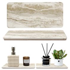 a bathroom shelf with candles, soaps and other items on top of it in front of a white background