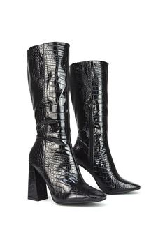 Upgrade your weekend wardrobe with Calf Boots. Featuring a block heel, a pointed toe, croc pattern and an inside zip. Croc Print, Weekend Wardrobe, Long Boots, Calf Boots, Mid Calf Boots, Boots For Sale, Leggings Shop, Synthetic Leather, Shoe Sale