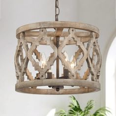 a chandelier hanging from the ceiling in a room with a potted plant