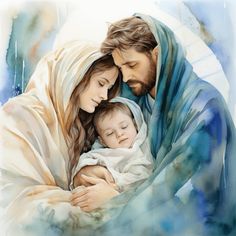 a watercolor painting of jesus holding a baby in his arms with the head of a woman wrapped around him