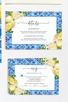 Positano Blue Tile Lemons Wedding Invitation set, Mediterranean Wedding Suite Amalfi Coast Wedding Invitation Template, Italy Wedding W13