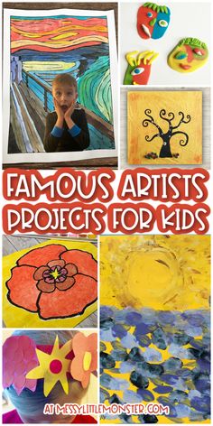 Famous artists for kids. Fun art projects for kids. Art Project For Kindergarteners, One Day Art Projects Kindergarten, Homeschool Art Projects Kindergarten, Unique Art Projects For Kids, Artist Inspired Art For Kids, Artist Inspired Art Projects, Art Project Kindergarten, One Day Art Lessons Elementary, Artist Inspired Art